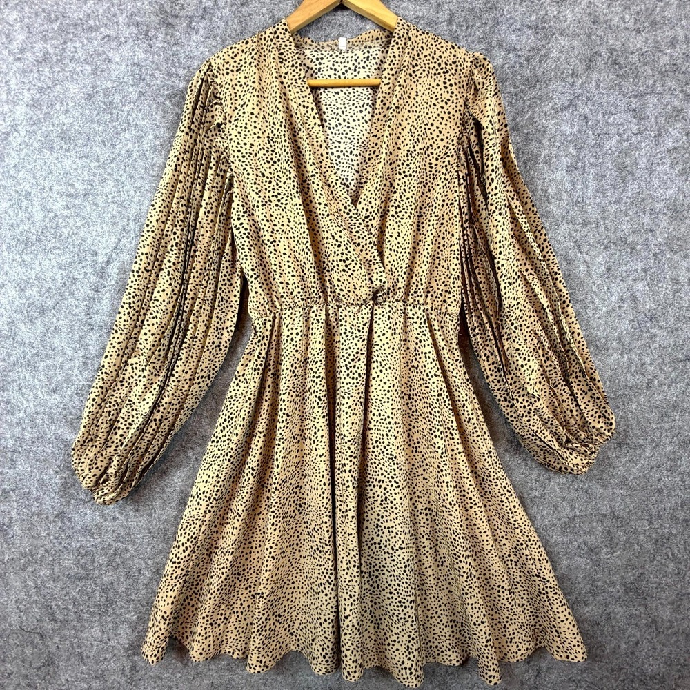 Womens Wrap Dress Large Tan Leopard Print Pleated Flowy Mob‎ Wife Coquette Y2K